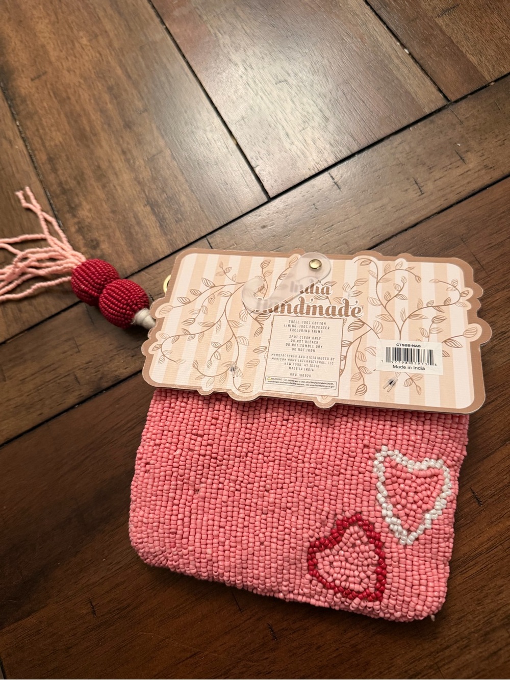 Handmade Pink Beaded Heart Coin Pouch with Tassel - Picture 3 of 3